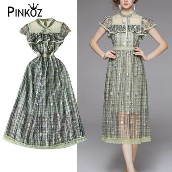 Pinkoz ayollar yashil plashli yamoq dantelli yozgi ta'til chic uzun ko'ylak oqlangan vintage robe de mujer vestidos femme moda traf
